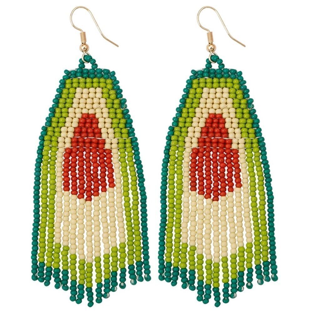 Avocado Boho Seed Bead Tassel Dangling Statement French Wire Hook Earrings